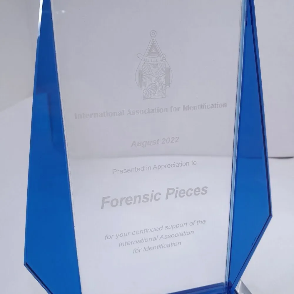 International Association for Identification Forensic Pieces glass award trophy